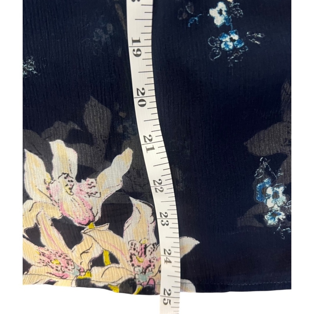 PAIGE Silk Ruffle Blouse Rich Navy Blue, Medium, Sketched Orchid Floral Top - Picture 13 of 13